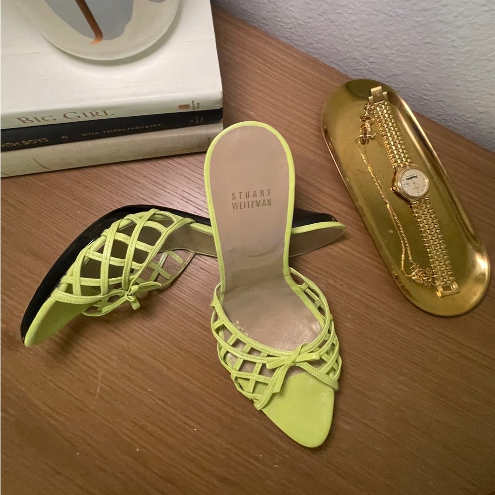 Stuart Weitzman Neon Yellow Lattice Strap Heels